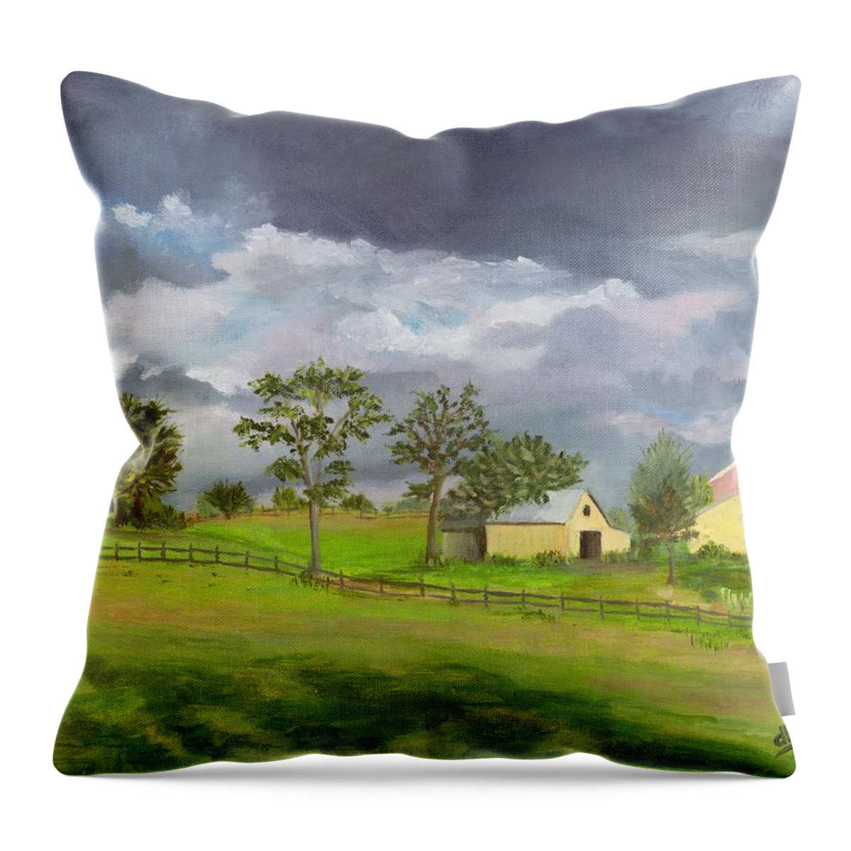 Landscapes Throw Pillow featuring the painting Clouds over the Farm by Deborah Butts