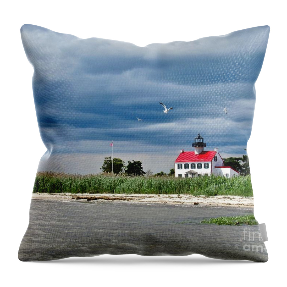 East Point Lighthouse Throw Pillow featuring the photograph Clouds Rolling in Over East Point Light by Nancy Patterson