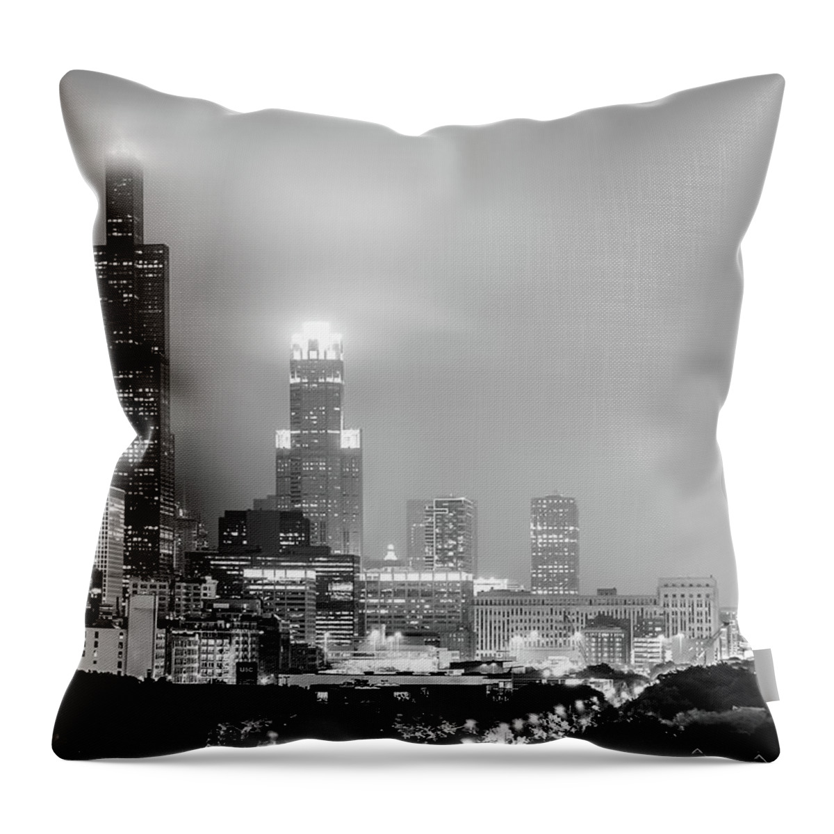 North America Throw Pillow featuring the photograph Cloudy Downtown Chicago Skyline in Black and White by Gregory Ballos