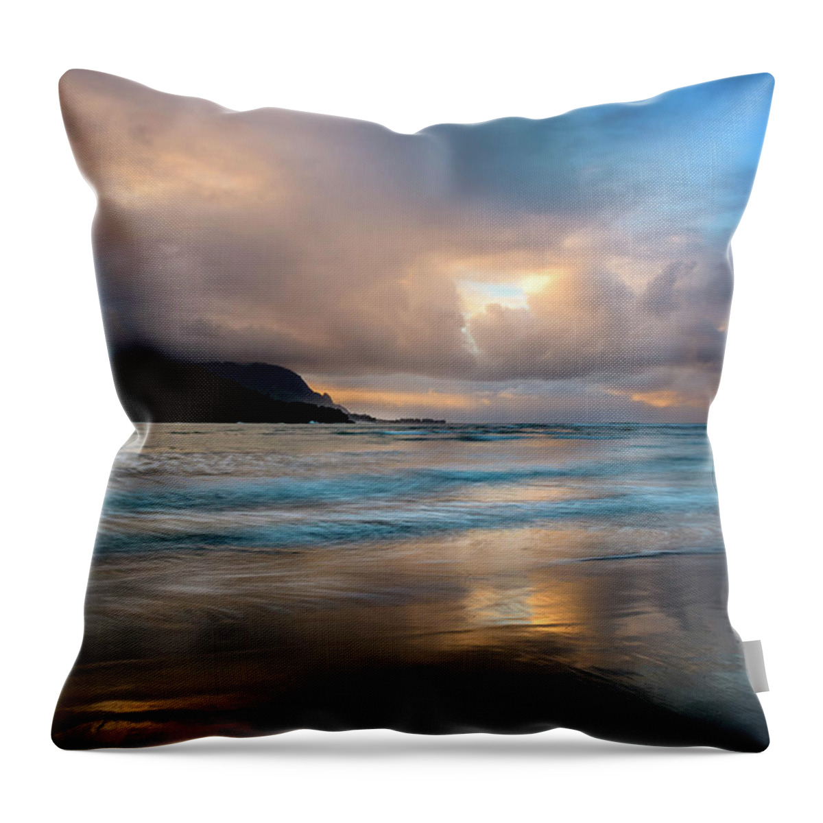 Bay Throw Pillow featuring the photograph Cloudy Sunset at Hanalei Bay by John Hight