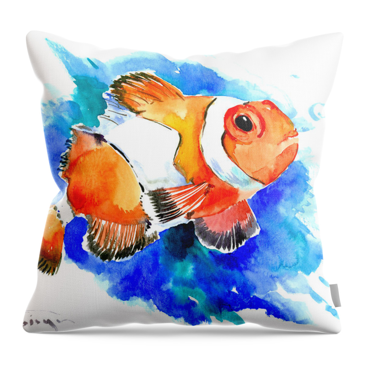 Clown Fish Throw Pillow featuring the painting Clownfish by Suren Nersisyan