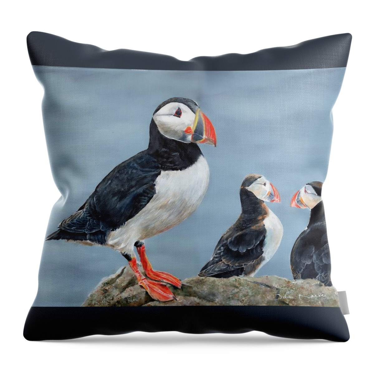 Puffin Throw Pillow featuring the painting Clowns of the Sea. by John Neeve
