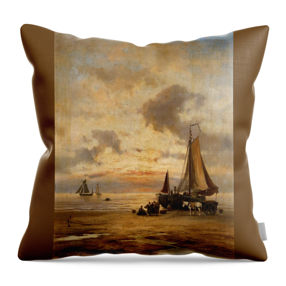 Johannes Herman Barend Koekkoek Throw Pillow featuring the painting Coastal Landscape at Evening by MotionAge Designs