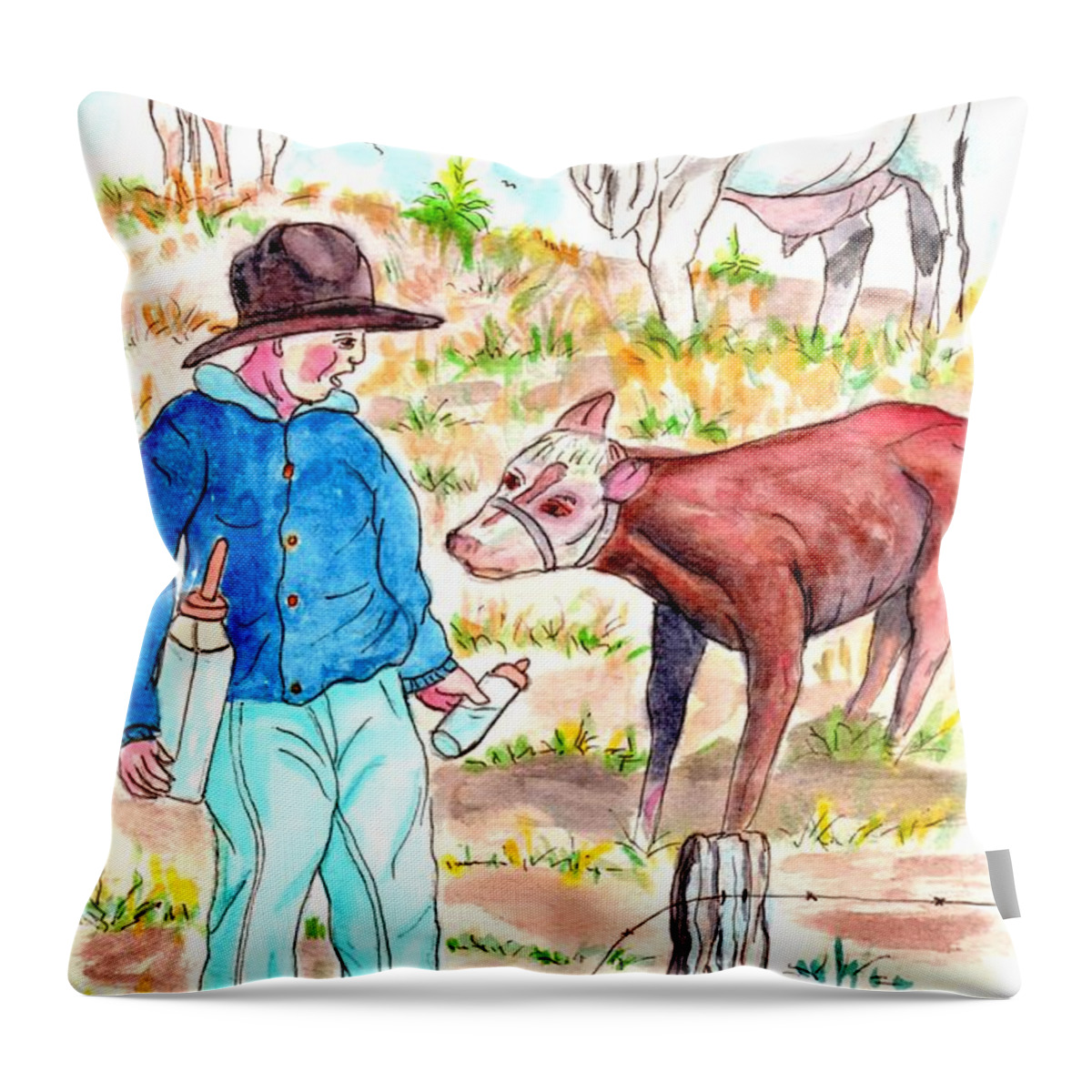 Kids On Farm Throw Pillow featuring the mixed media Coaxing The Herd Home by Philip And Robbie Bracco