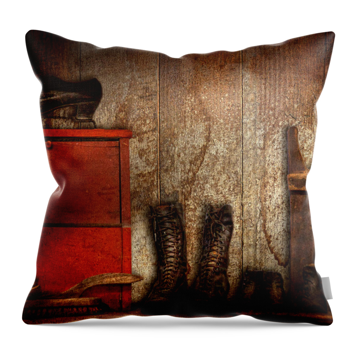 Cobbler Throw Pillow featuring the photograph Cobbler - The shoe shiner 1900 by Mike Savad