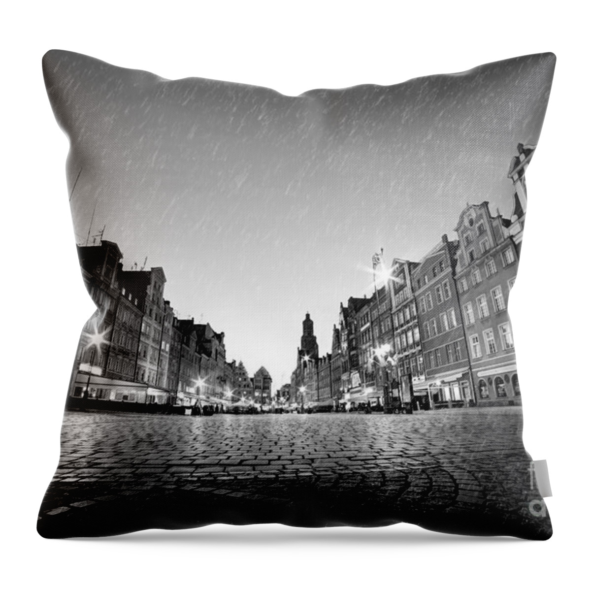 Old Throw Pillow featuring the photograph Cobblestone historic old town in rain at night Wroclaw by Michal Bednarek