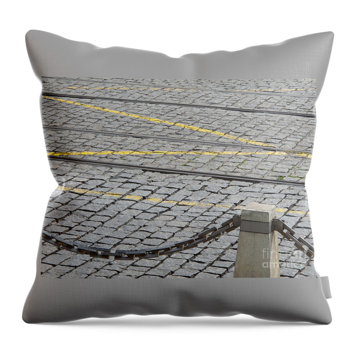 Prague Throw Pillow featuring the photograph Cobblestones and Rails by Ann Horn