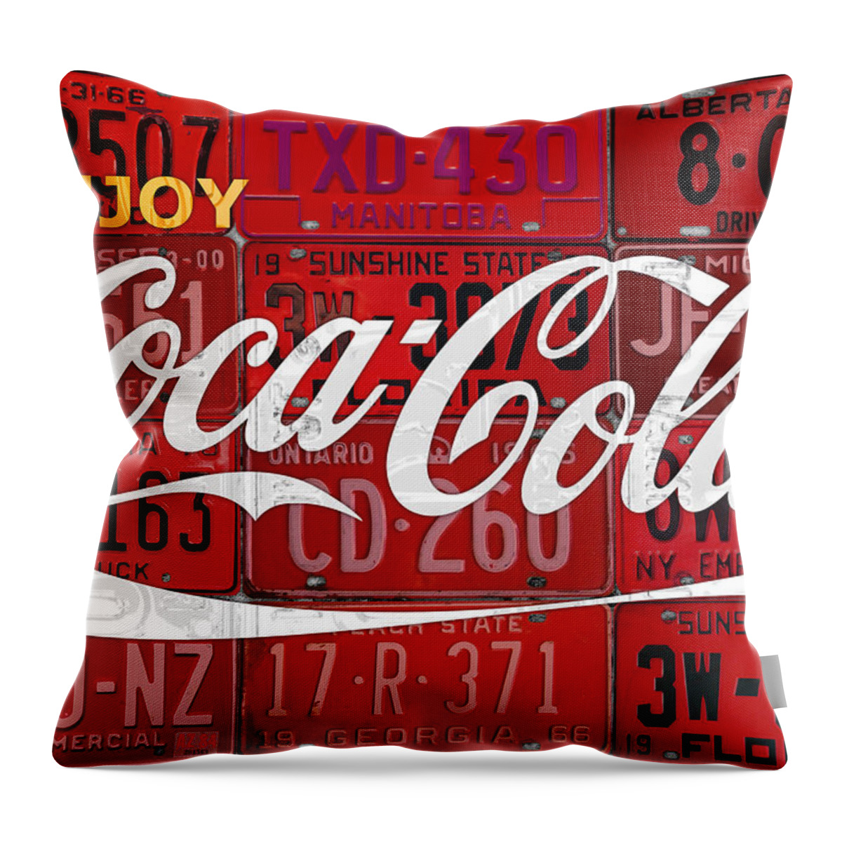Coca Cola Throw Pillow featuring the mixed media Coca Cola Enjoy Soft Drink Soda Pop Beverage Vintage Logo Recycled License Plate Art by Design Turnpike