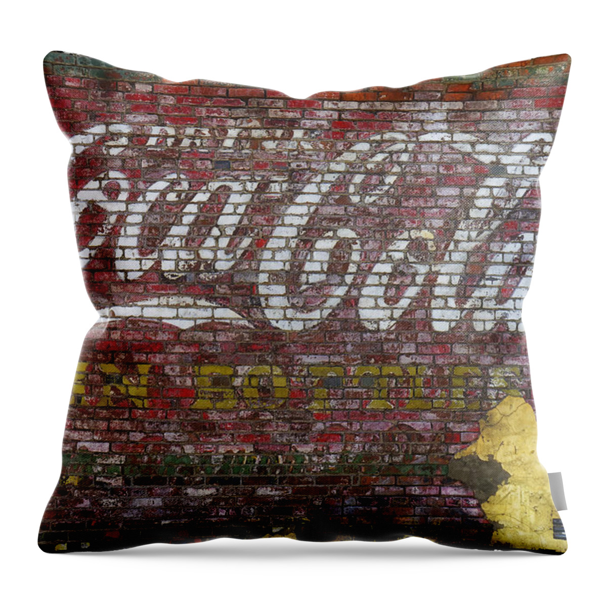 Sign Throw Pillow featuring the photograph Coca Cola Ghost Sign Sedalia MO DSC01928-1 by Greg Kluempers