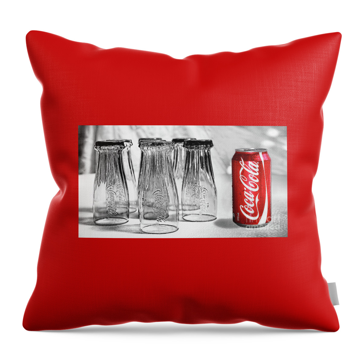 Photography Throw Pillow featuring the photograph Coca-Cola Glasses and Can - Selective Color by Kaye Menner by Kaye Menner