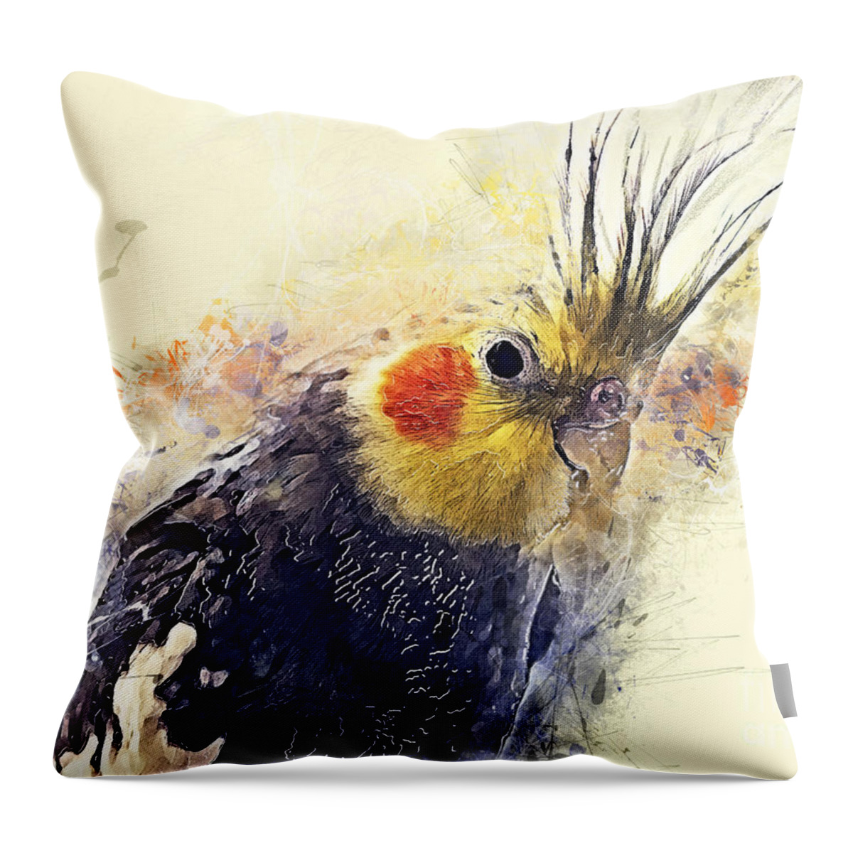 Cockatiel Throw Pillow featuring the painting Cockatiel Watercolor Art by Justyna Jaszke JBJart