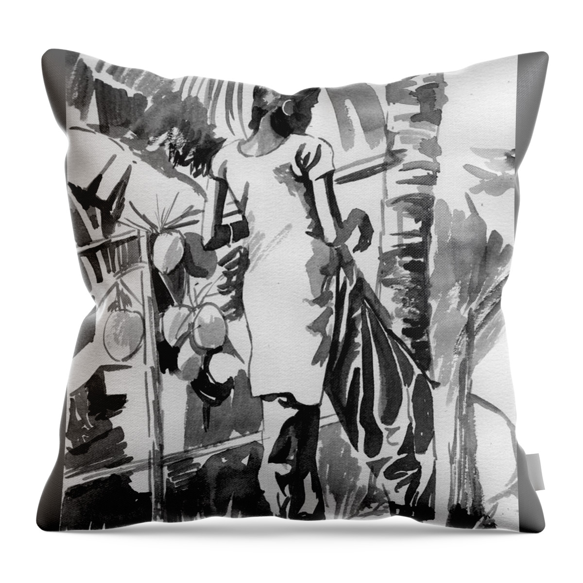 Alleppy Throw Pillow featuring the drawing Coconut Seller from Alleppy by Parag Pendharkar