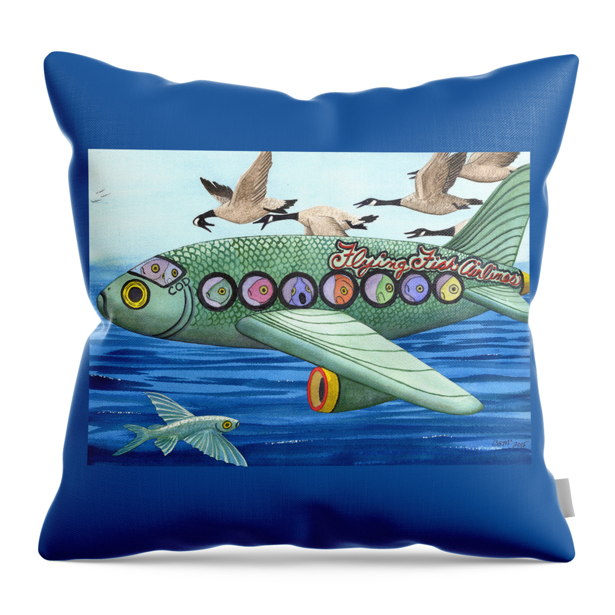 Flying Fish Throw Pillow featuring the painting Cod is my co-pilot by Catherine G McElroy