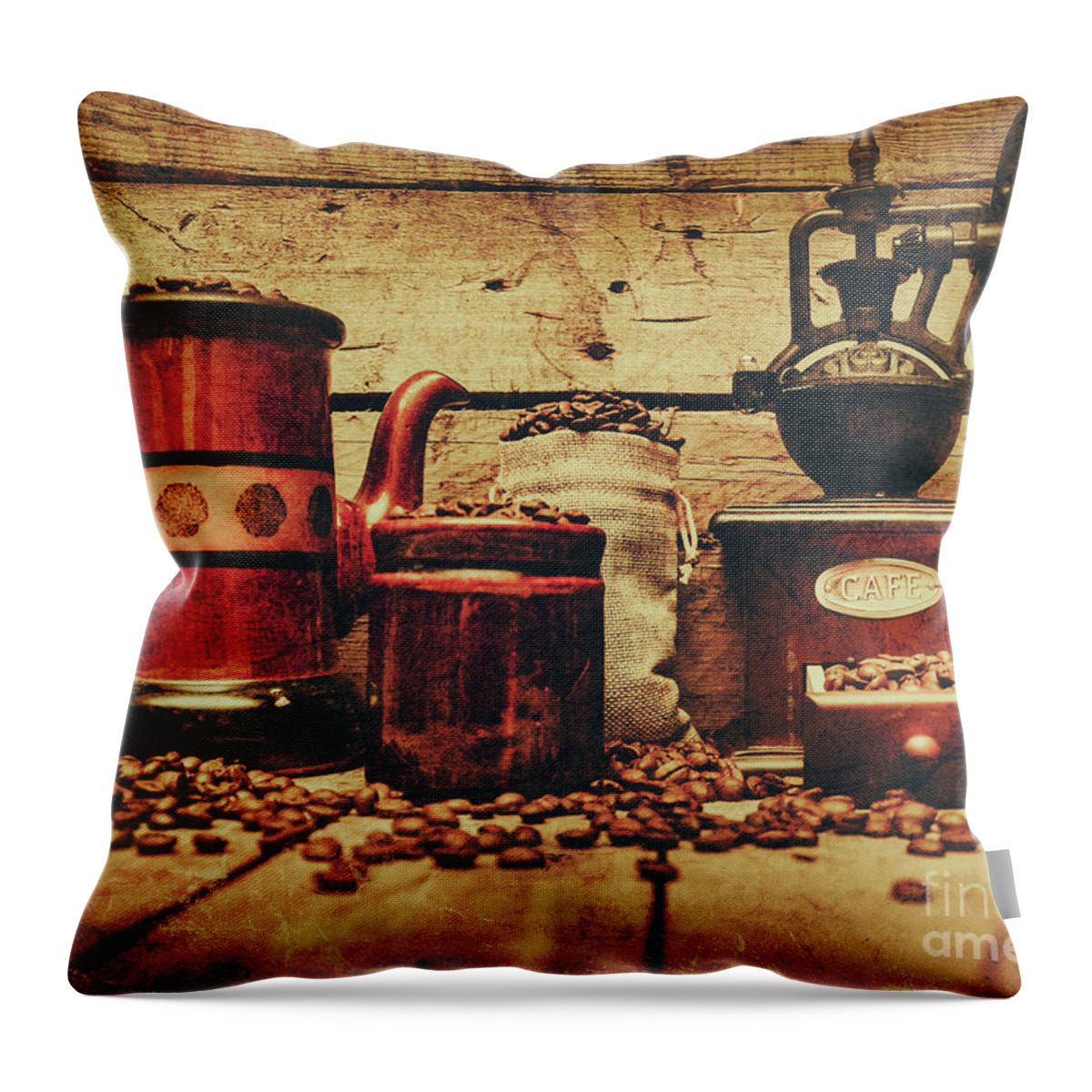 Beverage Throw Pillow featuring the photograph Coffee bean grinder beside old pot by Jorgo Photography