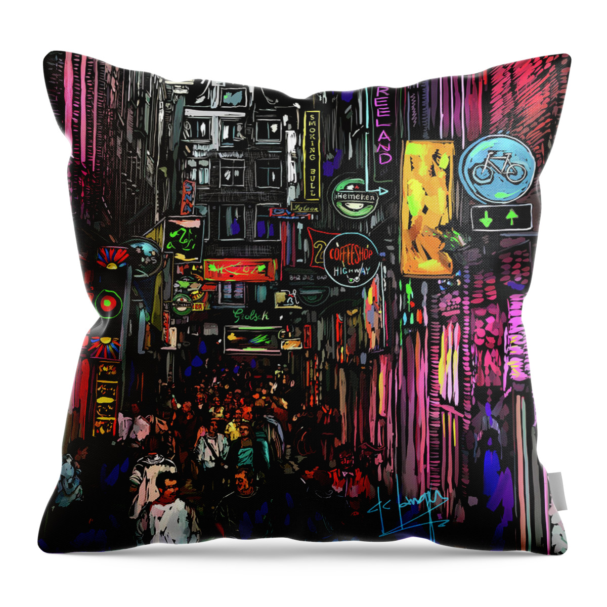 Coffee Shop Throw Pillow featuring the painting Coffee Shop, Amsterdam by DC Langer