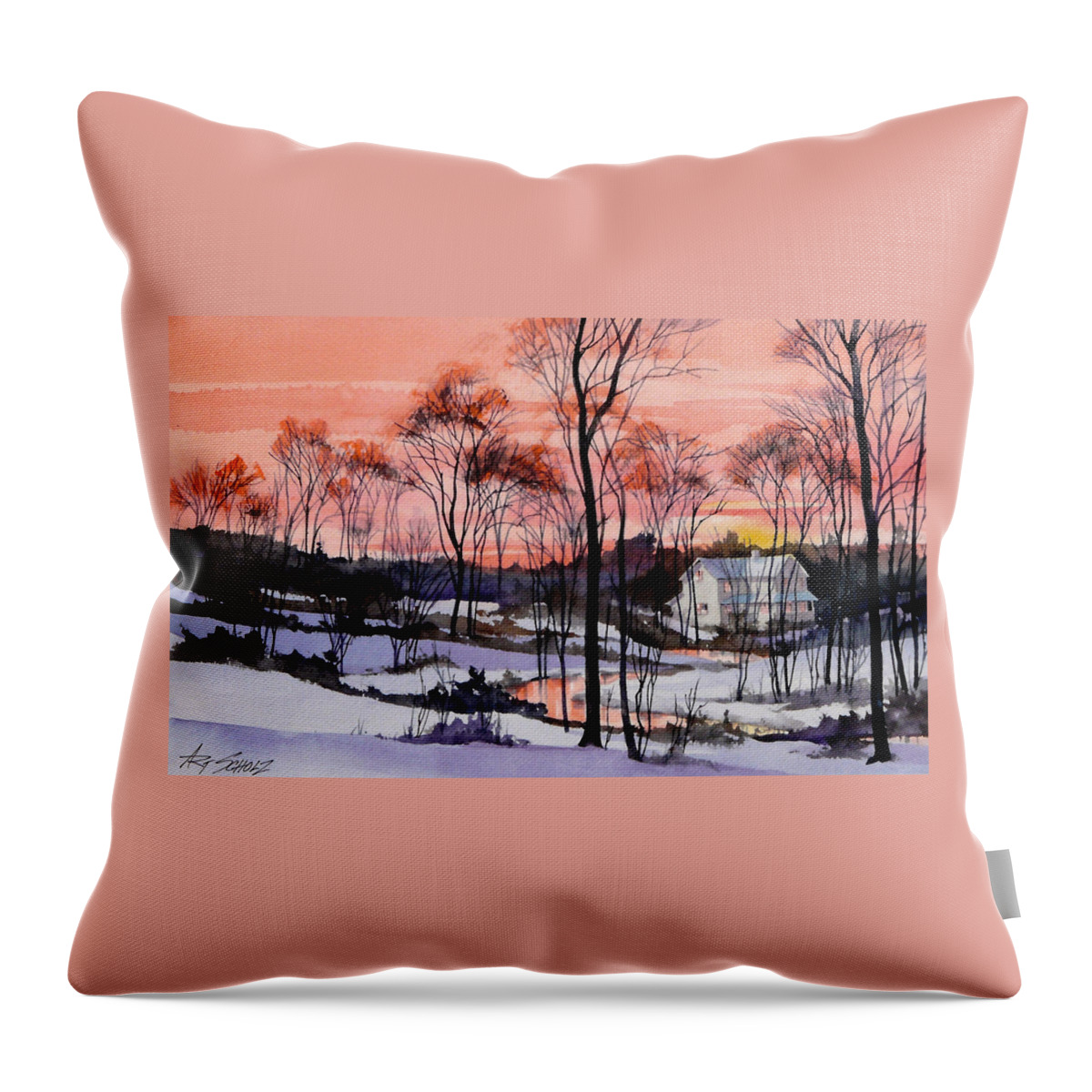 Sundown Throw Pillow featuring the painting Cold sunset by Art Scholz