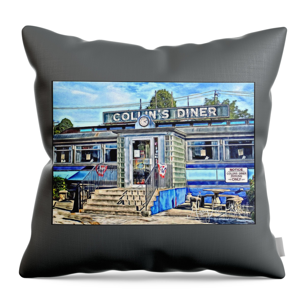 Mix Media Throw Pillow featuring the mixed media Collin's Diner New Canaan,Conn by MaryLee Parker