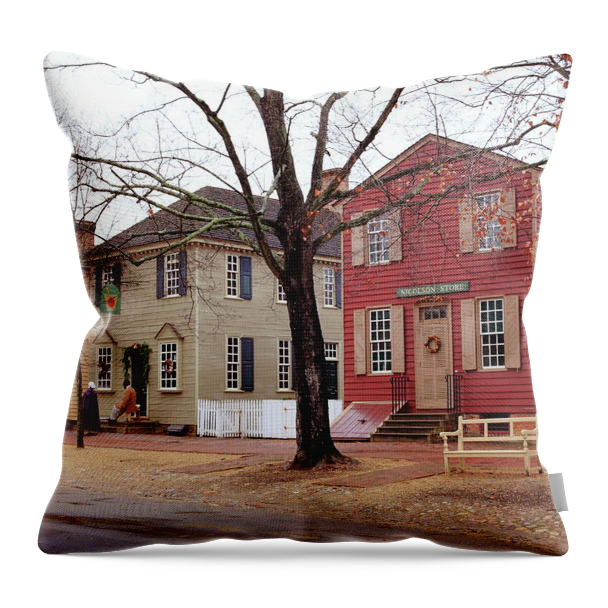 American Throw Pillow featuring the photograph Colonial Shops by Lou Ford