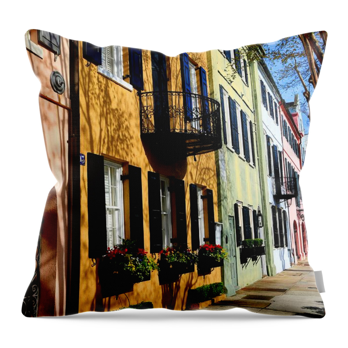 Rainbow Row Houses Historic Homes Throw Pillow featuring the photograph Color Of Charleston by Carol Montoya