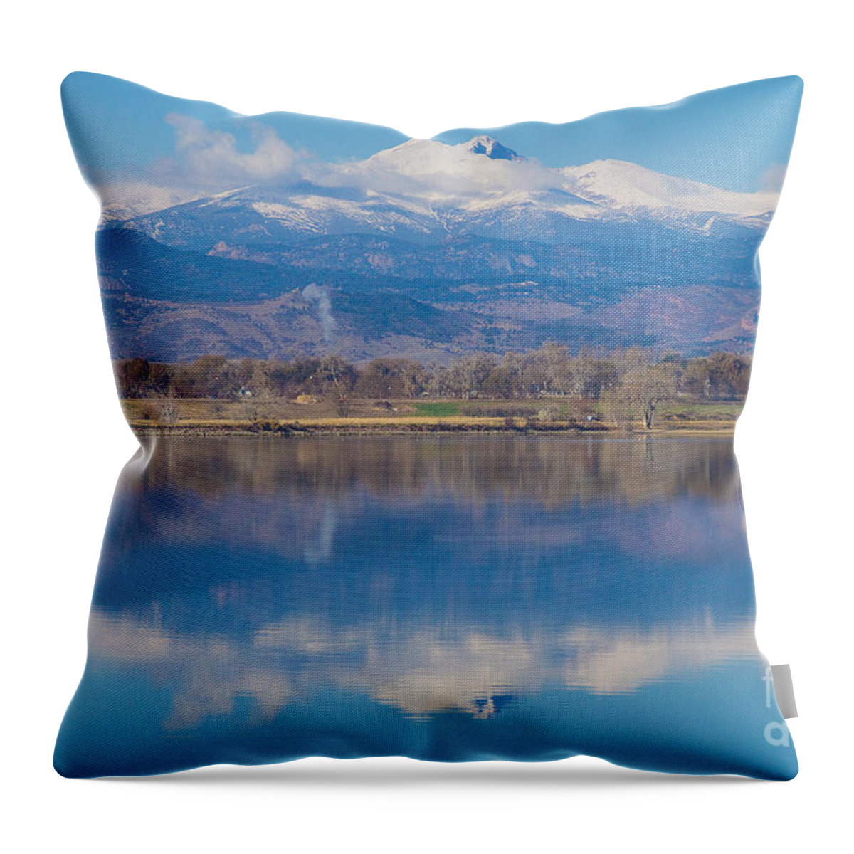 'longs Peak' Longs Peak Co' Throw Pillow featuring the photograph Colorado Longs Peak Circling Clouds Reflection by James BO Insogna