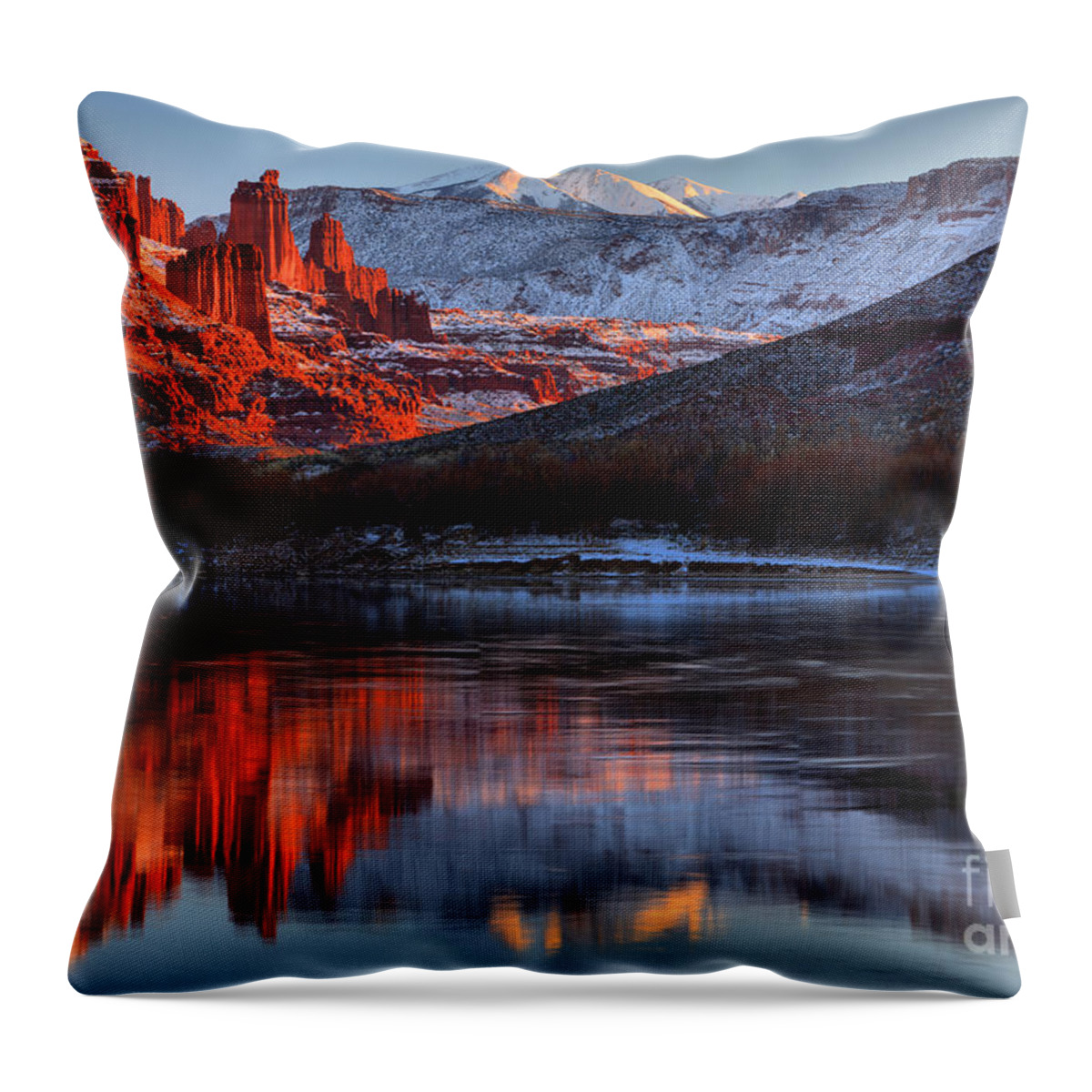 Fisher Towers Throw Pillow featuring the photograph Colorado Red Tower Reflections by Adam Jewell