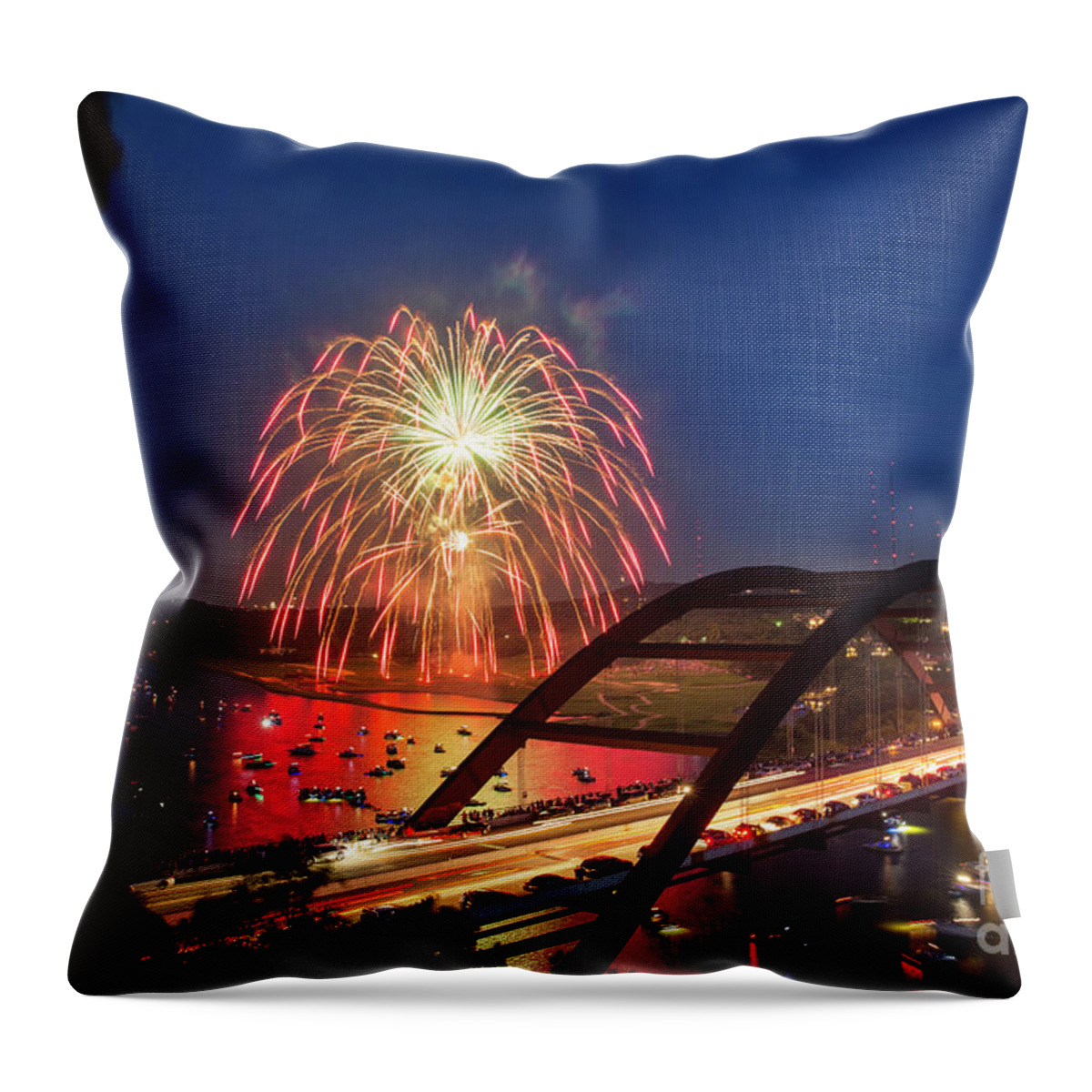 Fireworks Throw Pillow featuring the photograph Colorful 4th of July fireworks paint the night sky over the 360 by Dan Herron