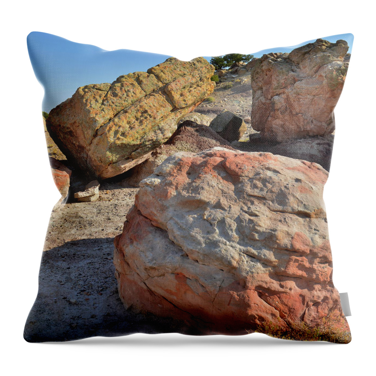 Grand Junction Throw Pillow featuring the photograph Colorful Boulders in the Bentonite Site on Little Park Road by Ray Mathis