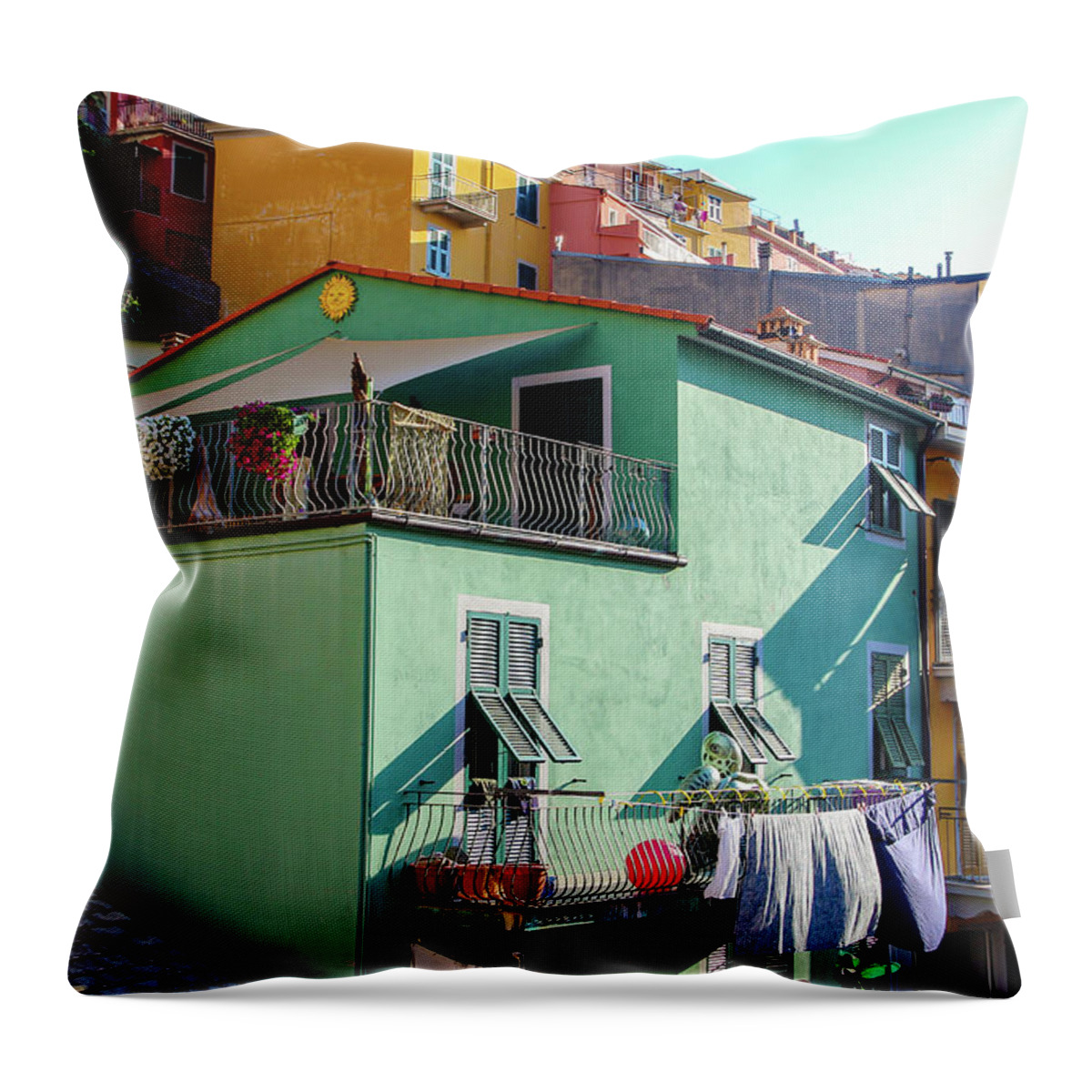 Manarola Throw Pillow featuring the photograph Colorful Buildings of Manarola, Italy by Aashish Vaidya