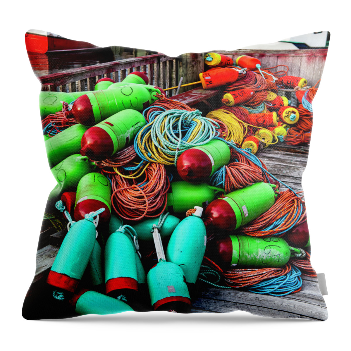 Buoys Throw Pillow featuring the photograph Colorful Buoys on the Wharf, Peggy's Cove by Carol Leigh
