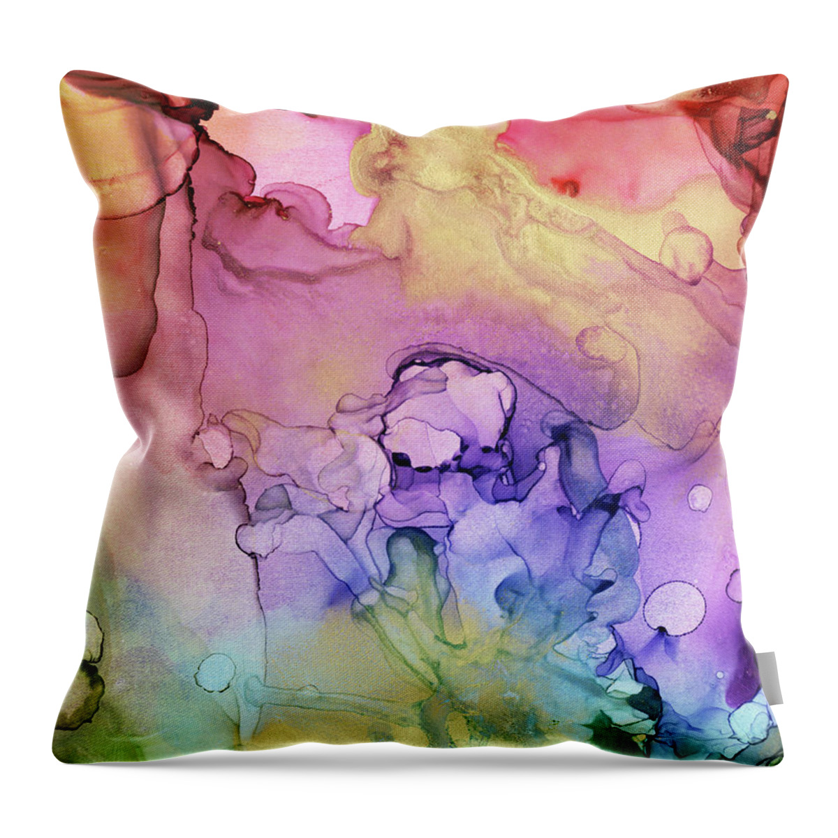 Ink Throw Pillow featuring the painting Colorful Ink Swirls with Gold Marble by Olga Shvartsur