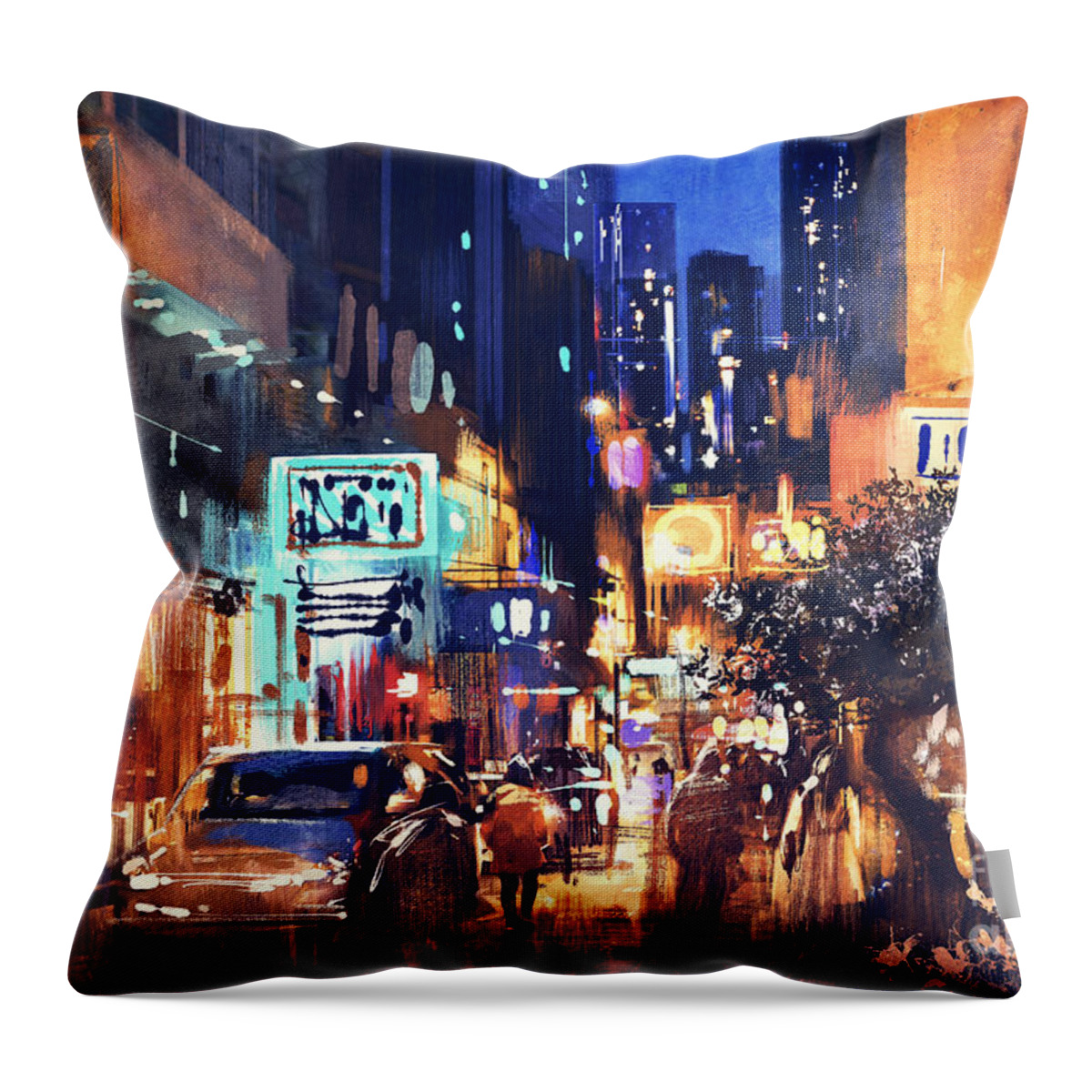 Abstract Throw Pillow featuring the painting Colorful Night Street by Tithi Luadthong