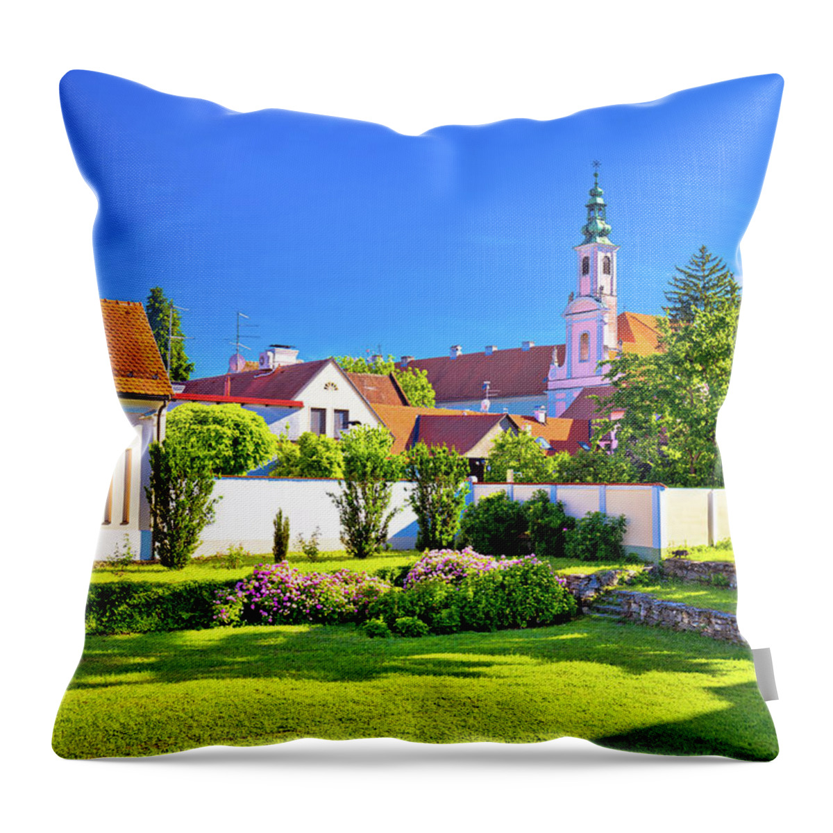Varazdin Throw Pillow featuring the photograph Colorful street and green park in baroque town Varazdin by Brch Photography