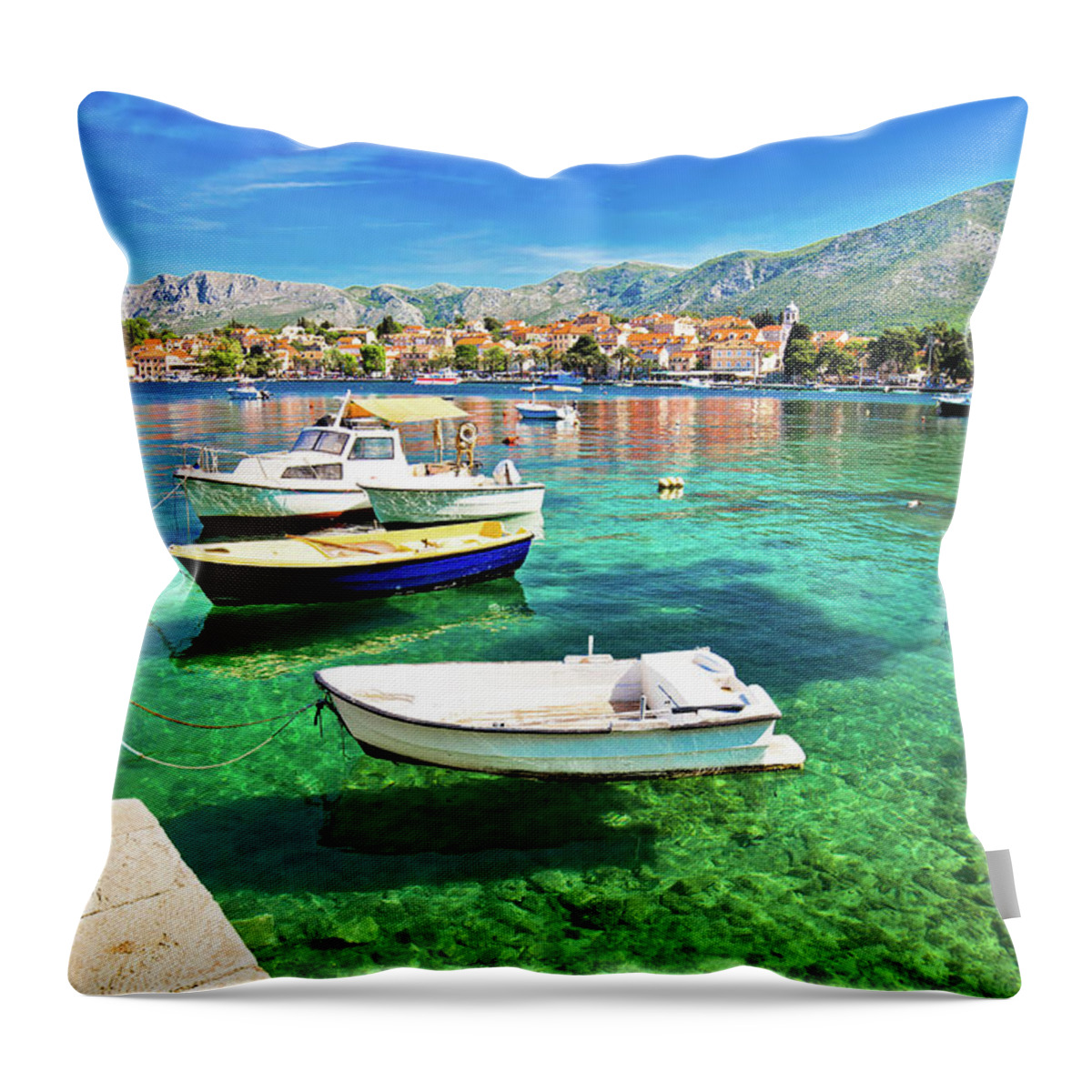Cavtat Throw Pillow featuring the photograph Colorful turquoise waterfront in town of Cavtat by Brch Photography