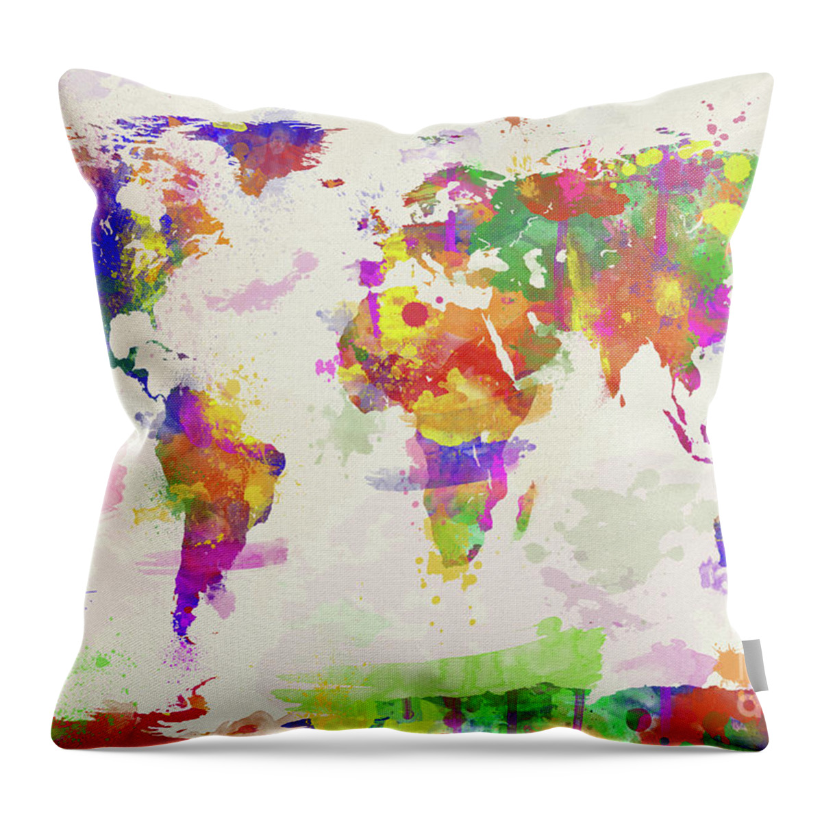 Map Throw Pillow featuring the digital art Colorful Watercolor World Map by Zaira Dzhaubaeva