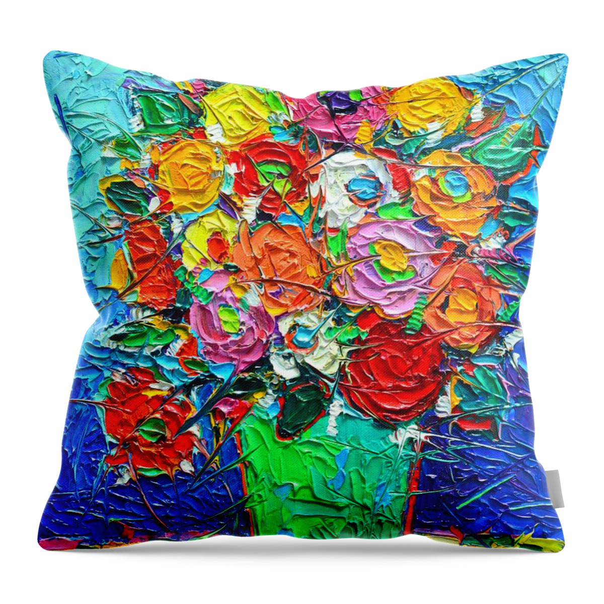 Abstract Throw Pillow featuring the painting Colorful Wildflowers Abstract Modern Impressionist Palette Knife Oil Painting By Ana Maria Edulescu by Ana Maria Edulescu