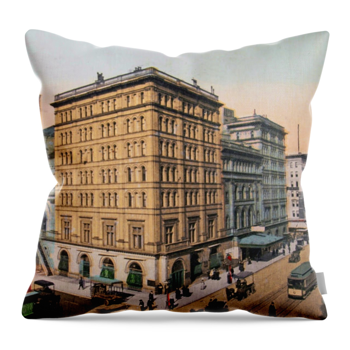 Broadway Throw Pillow featuring the digital art Colorized photo of Broadway, New York circa 1909 by Patricia Hofmeester