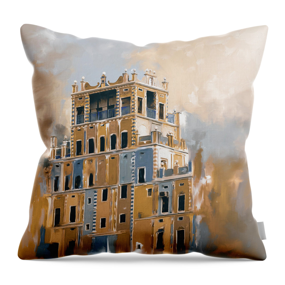South Arabian Throw Pillow featuring the painting Colourful Buqshan Khaila Hotel 683 4 by Mawra Tahreem