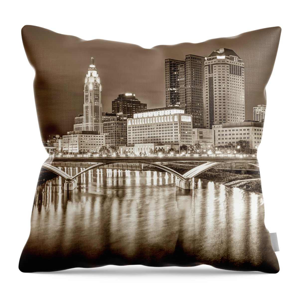 America Throw Pillow featuring the photograph Columbus Ohio Downtown Skyline in Sepia by Gregory Ballos