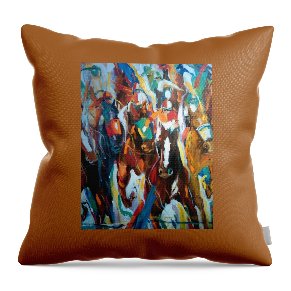 Race Track Throw Pillow featuring the painting Coming up green by Heather Roddy