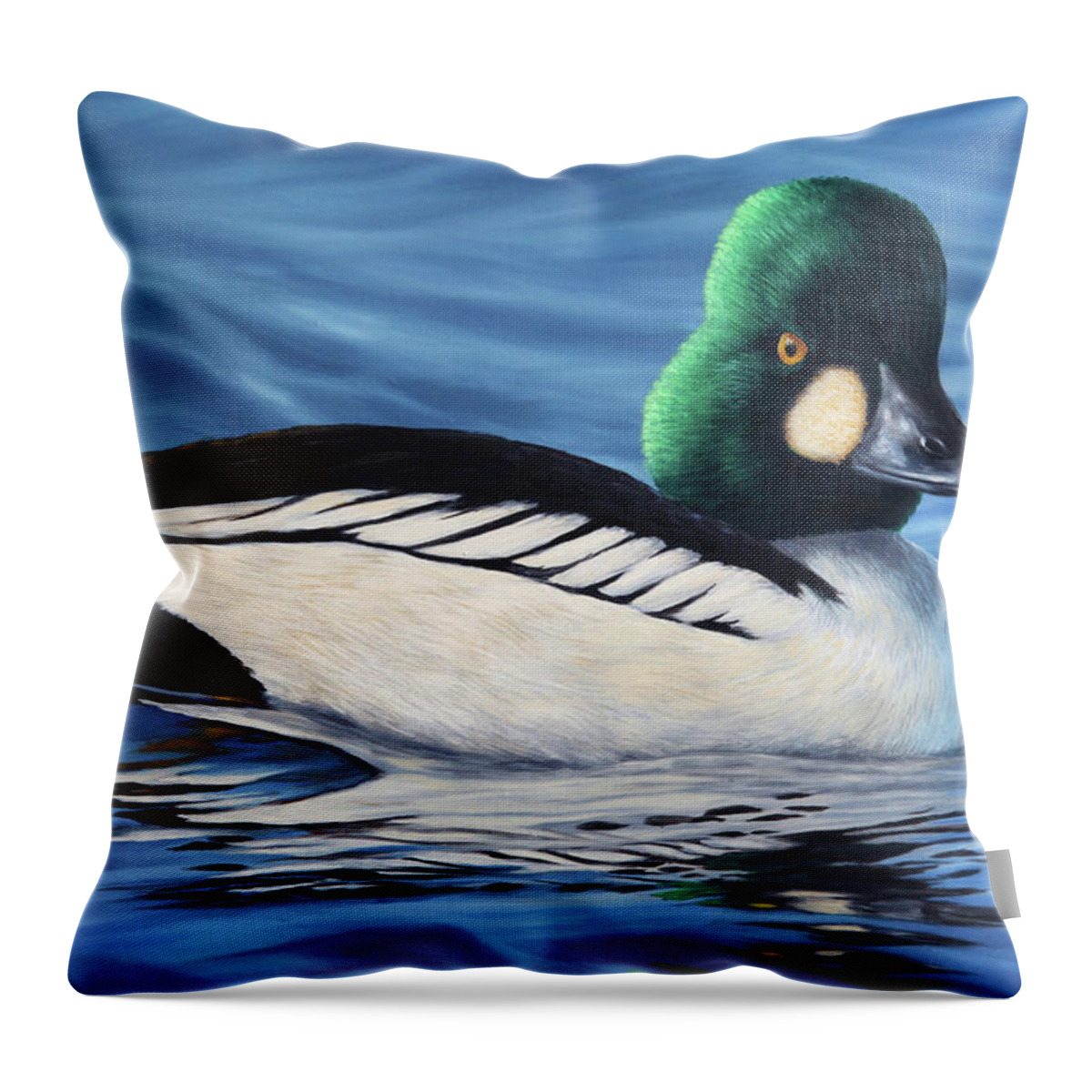 Duck Throw Pillow featuring the painting Common Goldeneye by Guy Crittenden