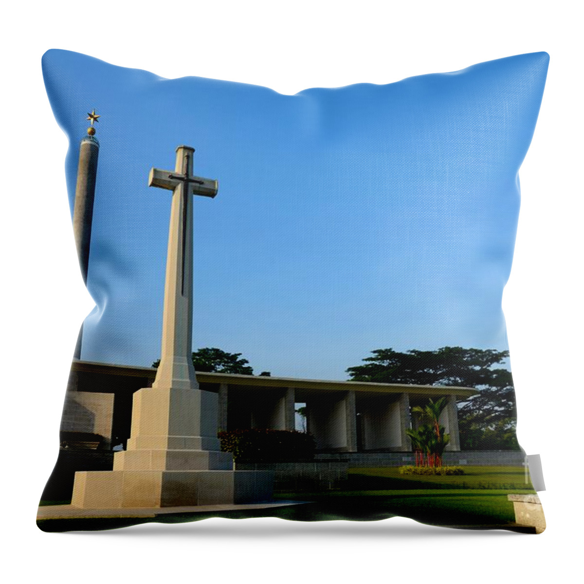 Kranji Throw Pillow featuring the photograph Commonwealth War Graves Commission Kranji Memorial cemetery monument Singapore by Imran Ahmed