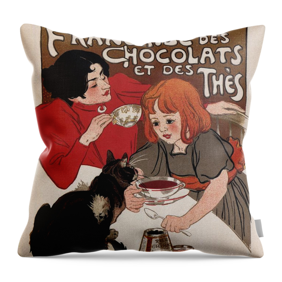 Chocolate Throw Pillow featuring the mixed media Compagnie Francaise Des Chocolats Et Des Thes - Vintage Chocolate and Tea Advertising Poster by Studio Grafiikka