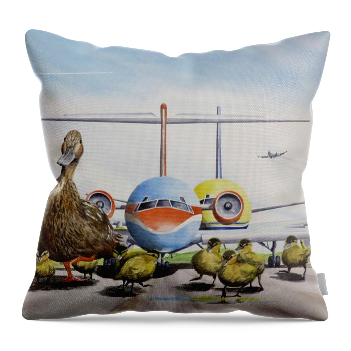 Jet Throw Pillow featuring the painting CompAIR Hold For Traffic by Joseph Burger