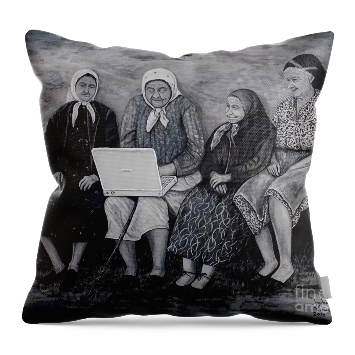 Old Ladies Throw Pillow featuring the painting Computer Class by Judy Kirouac