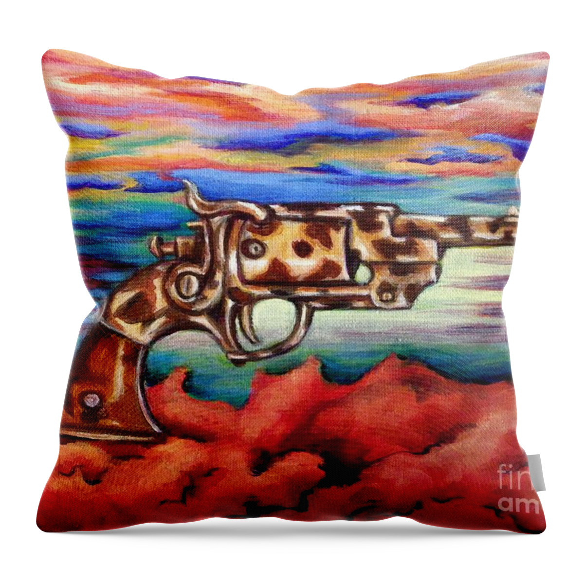 Guns Throw Pillow featuring the painting Conceal and Dairy by Linda Markwardt