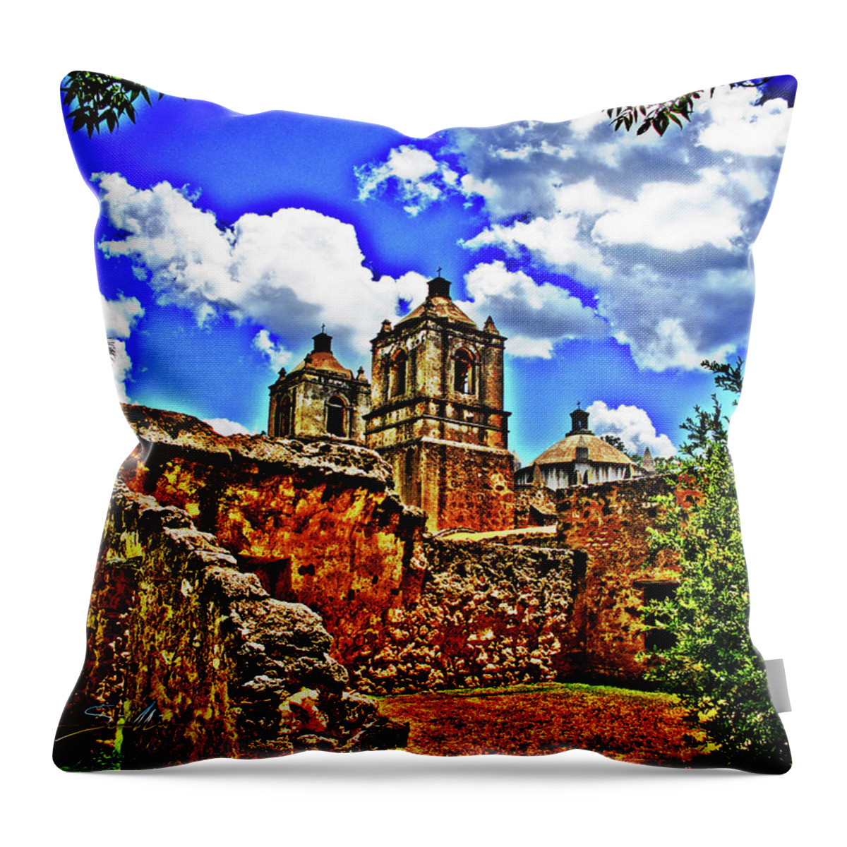 Art Throw Pillow featuring the photograph Concepcion Towers and Ruined Wall by Chas Sinklier