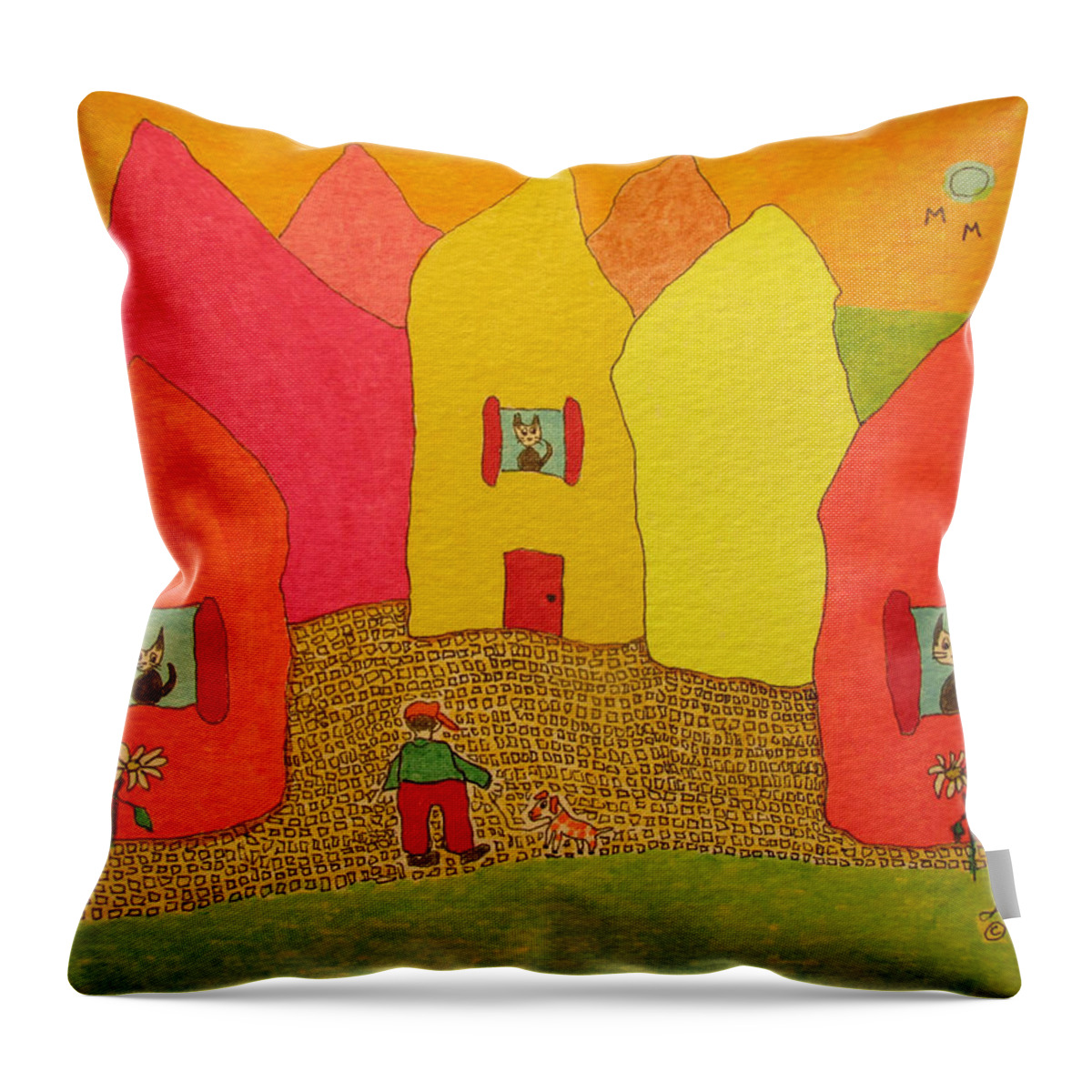 Hagood Throw Pillow featuring the painting Cone-shaped Houses Man With Dog by Lew Hagood