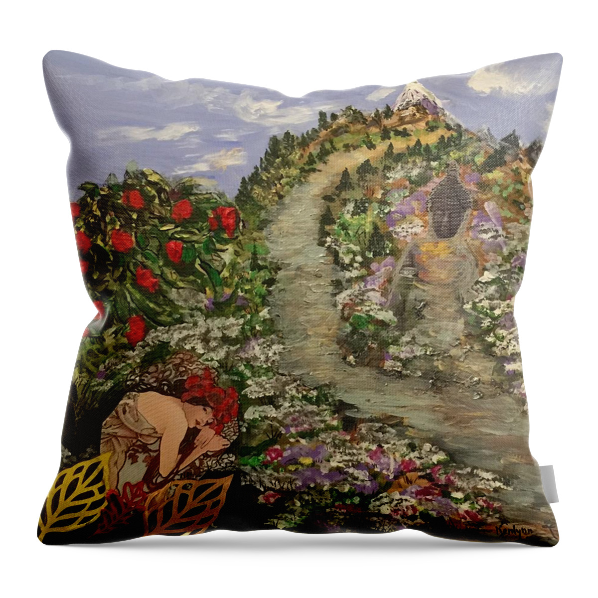 Buddha Throw Pillow featuring the painting Contemplating the Buddha and Nirvana by Kenlynn Schroeder