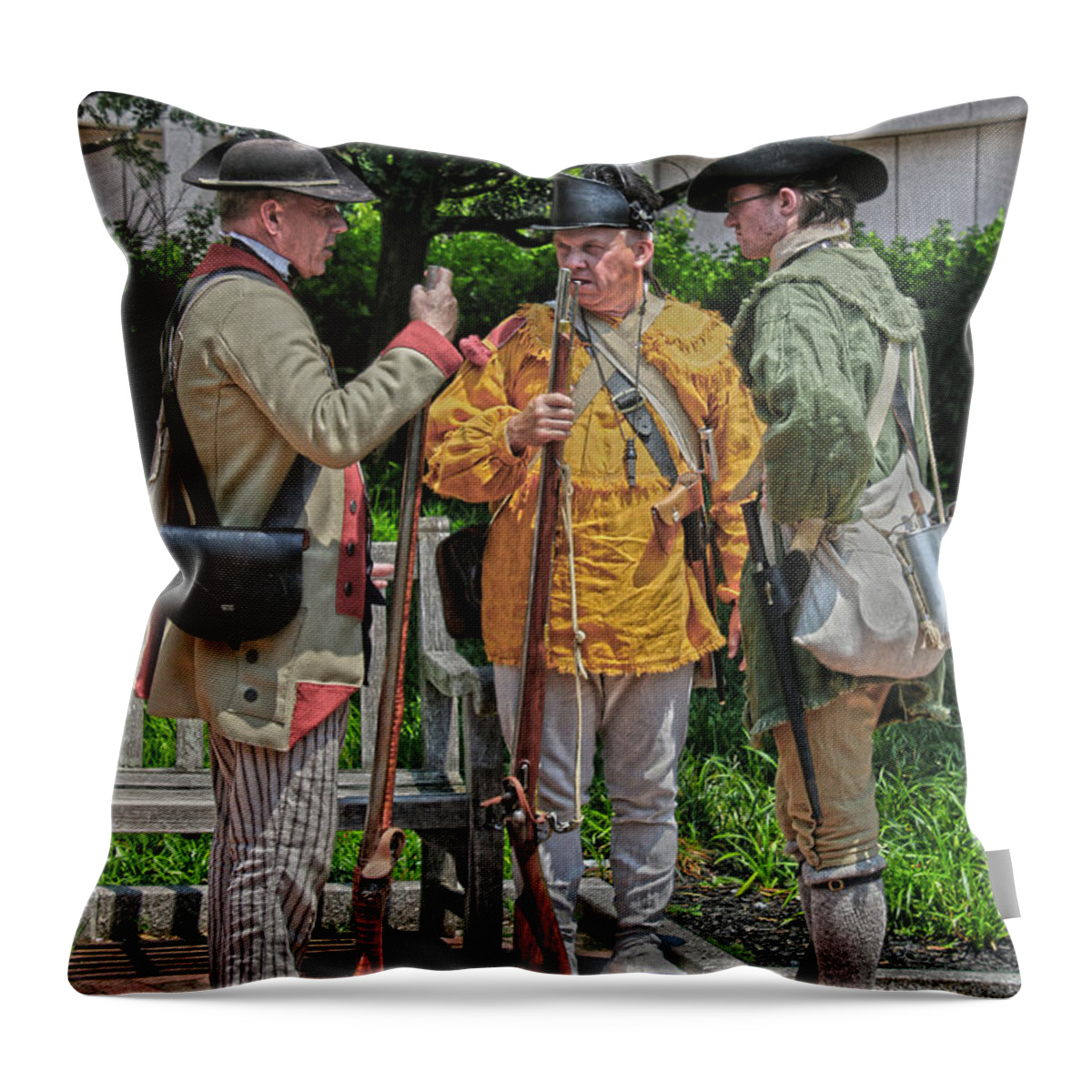 The Old 11th Pennsylvania Regiment Throw Pillow featuring the photograph Conversation by Sandy Moulder