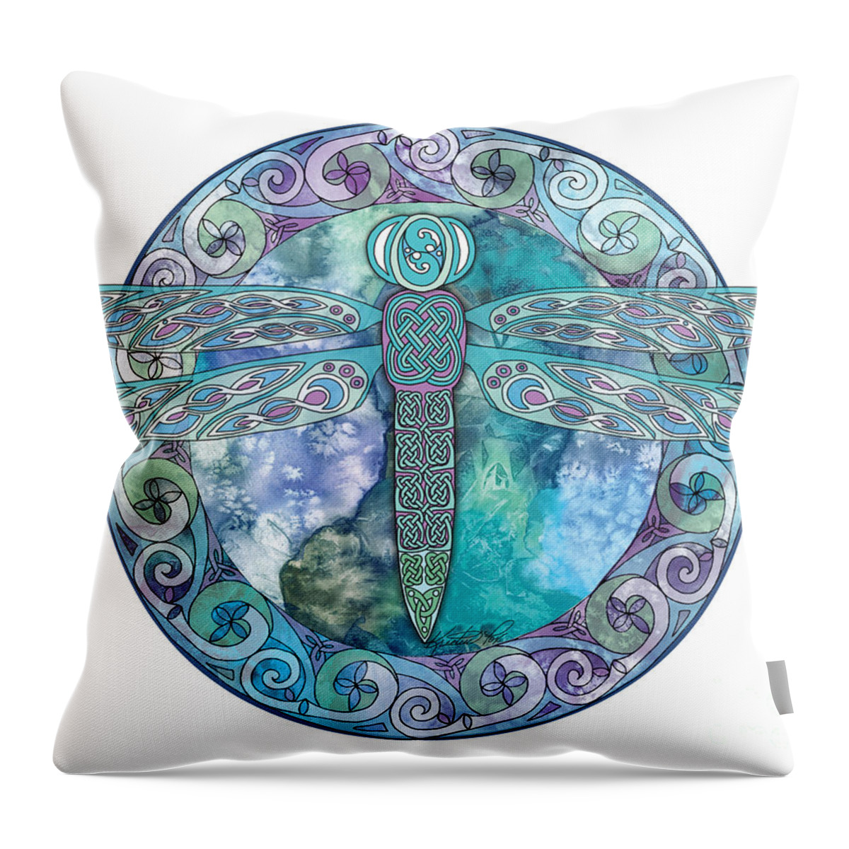 Artoffoxvox Throw Pillow featuring the mixed media Cool Celtic Dragonfly by Kristen Fox